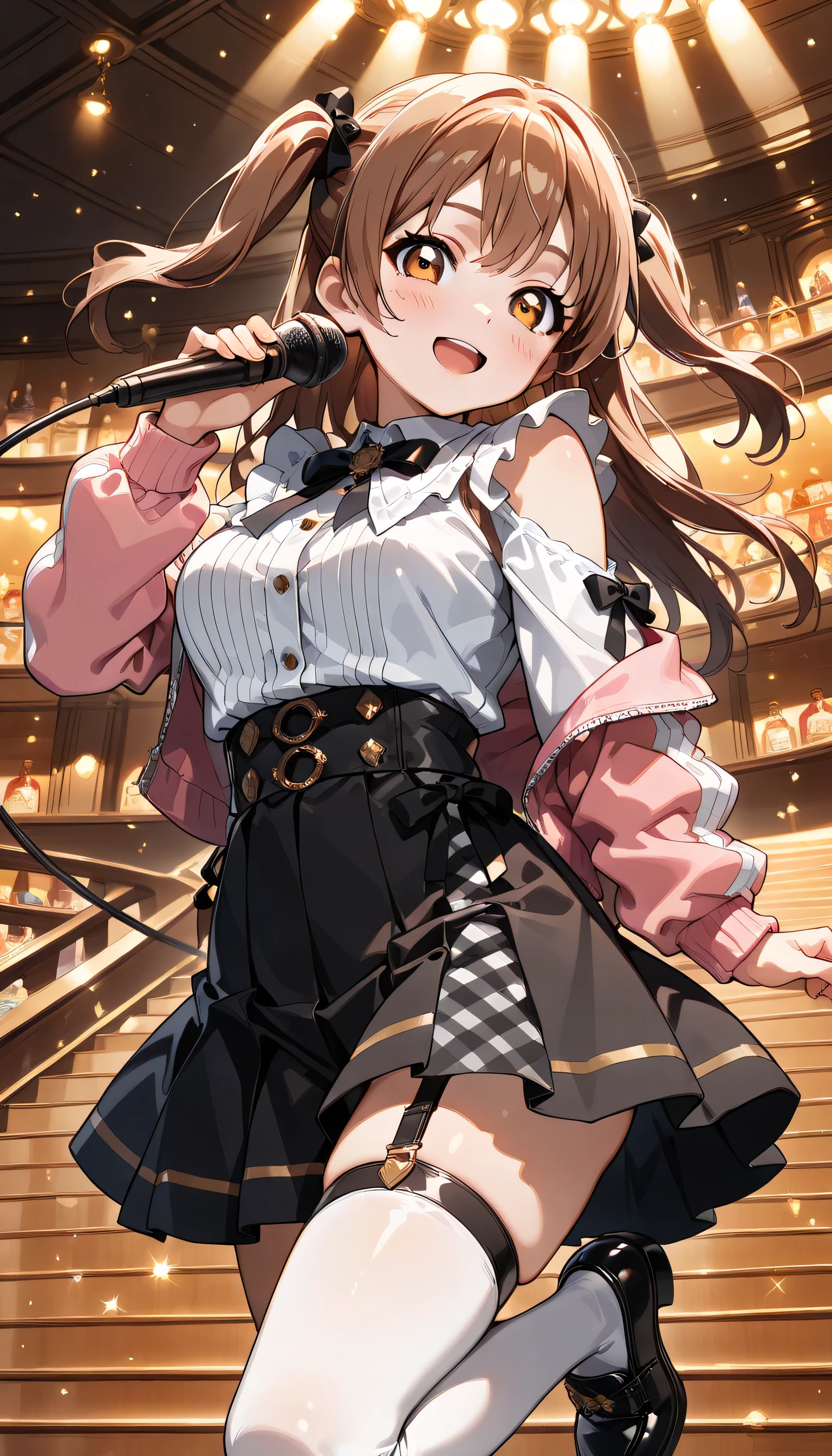 Top quality, highly detailed, UHD, cute and beautiful anthropomorphic koala idol girl, wearing heart shaped choker, brown curly bob hair, knee high boots, mini dress, outdoor stage