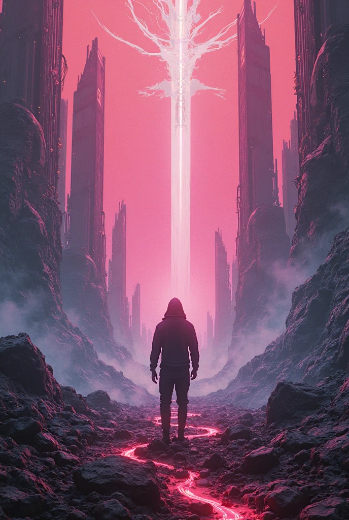 "Immersed in a cyberpunk-inspired, neon-drenched world, captivated by the surreal sight of a ring-shaped planet dominating the sky, filled with mesmerizing digital artistry."