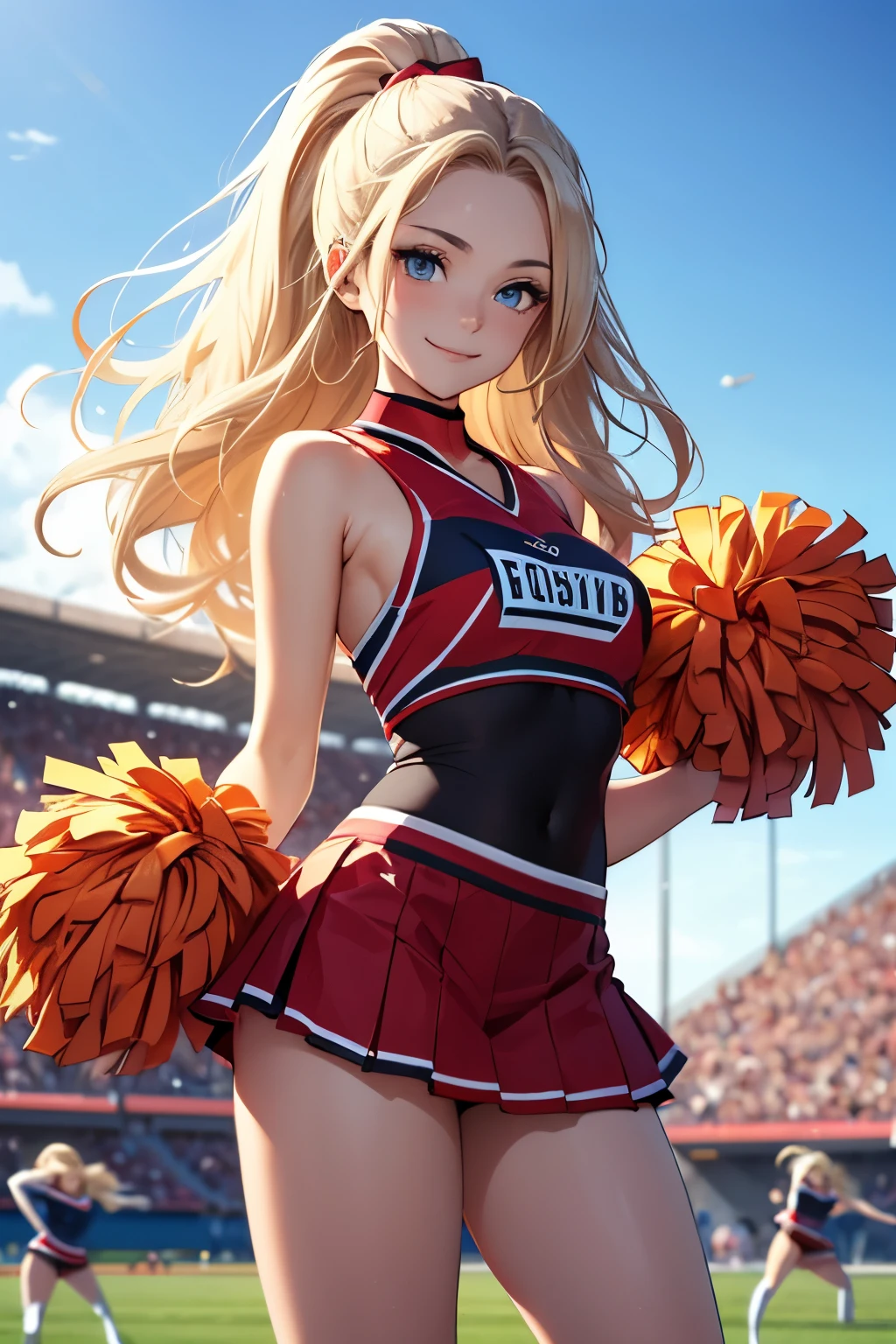 (Super detailed、Ultra-high resolution、8K masterpiece、Vibrant colors)、((Flat Color))、Stadium、Cheerleaders cheering、(Gold chain accessories on the body)、Random Sexy Poses、Sweaty、 ((body paint、Pop tattoo on thigh))、Big Breasts、(Cheerleading Costumeini skirt、choker)、Beautiful hip line、Butt、nude、 (Twin tails、Vermilion, blue, silver, golden hair、hair ornaments)、Beautiful blue eyes、Beautiful red lip、(Open your mouth and cheer、smile)、 TWICE's Tzuyu' on pause