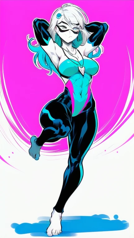 Full body image of Gwen Stacy as Spider-Gwen, full body in image, wearing her original Spider-Gwen outfit (white, black, and pink hooded suit with web patterns on the inside of the hood, white gloves, and blue ballet shoes), short blonde hair with the hood partially down, female body, slender and athletic body, dynamic pose, detailed pose, simple background, expressive face showing determination, focus on face, line art, sketch