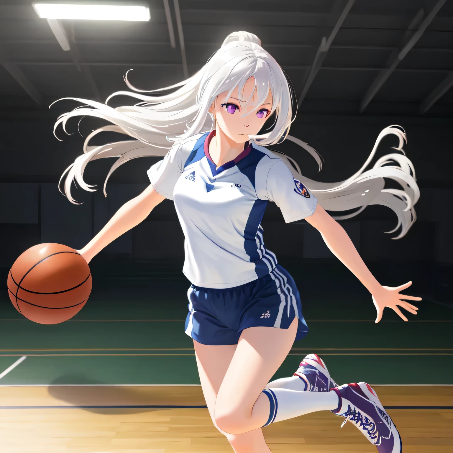 A young female basketball player makes a dynamic jump shot with elegance and control. She holds the ball firmly in both hands, her form showing strong confidence and skill. Her athletic uniform fits her form well, paired with high socks and sneakers in matching tones. Her neatly styled hair flies in motion as she leaps, with focused eyes locked on the basket. The polished gym floor reflects her movement under bright lights, capturing the intensity and competitive energy of the moment.
(RAW photo quality, photo-realistic:1.4), masterpiece, ultra-detailed, cinematic lighting, soft light, highly detailed face and body, extremely realistic eyes, perfect anatomy, slender body, high-res, ultra CG detail. White hair, long hair, purple eyes.