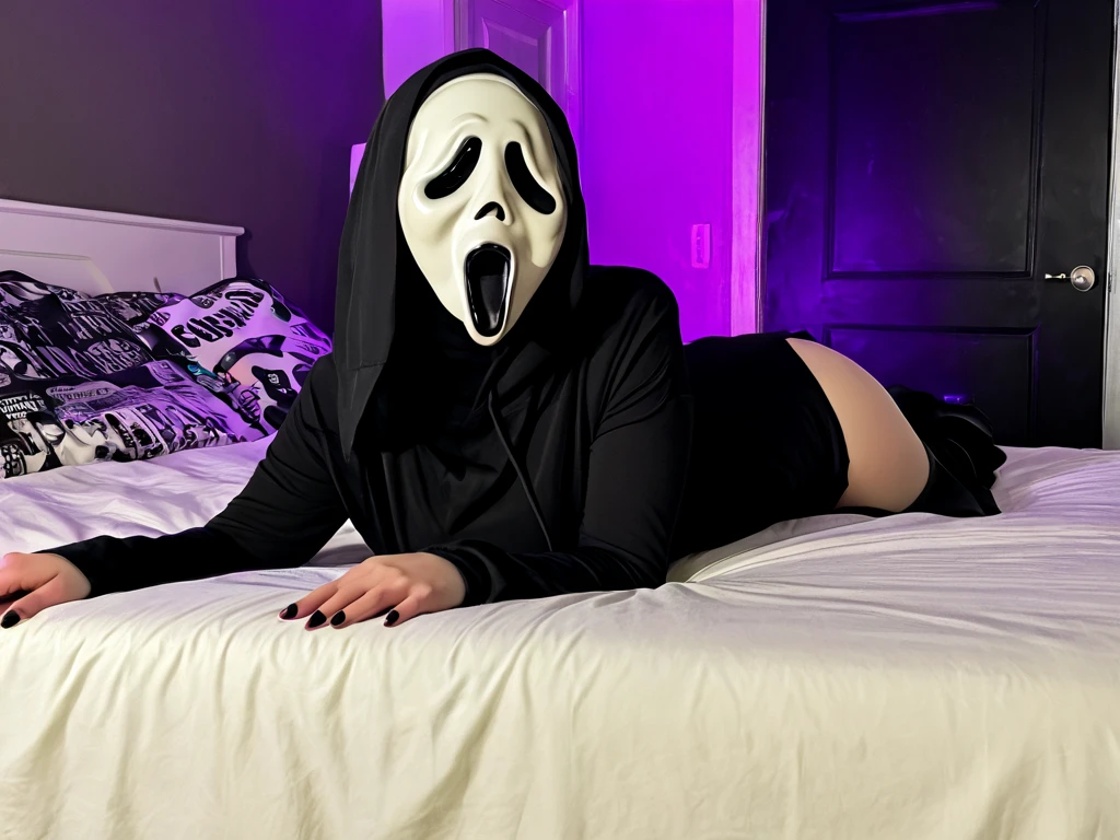 (ultra realistic,32k, masterpiece:1.2),(high detailed skin:1.1),( high quality:1.1),
1girl, <lora:ghostface:0.7>ghostface, mask, hood, dress, thigh highs, a ghostly apparition appearing in the mirror theme, blurry background,(looking at viewer, standing, from below:1.1),, huge breast,large breast,<lora:add_detail:0.8>,
(refraction:1.1),