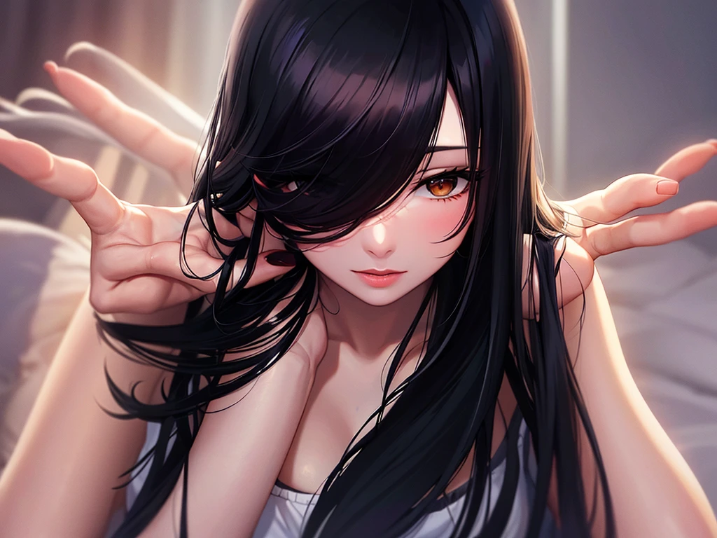 A kiss from a beautiful woman with long black hair