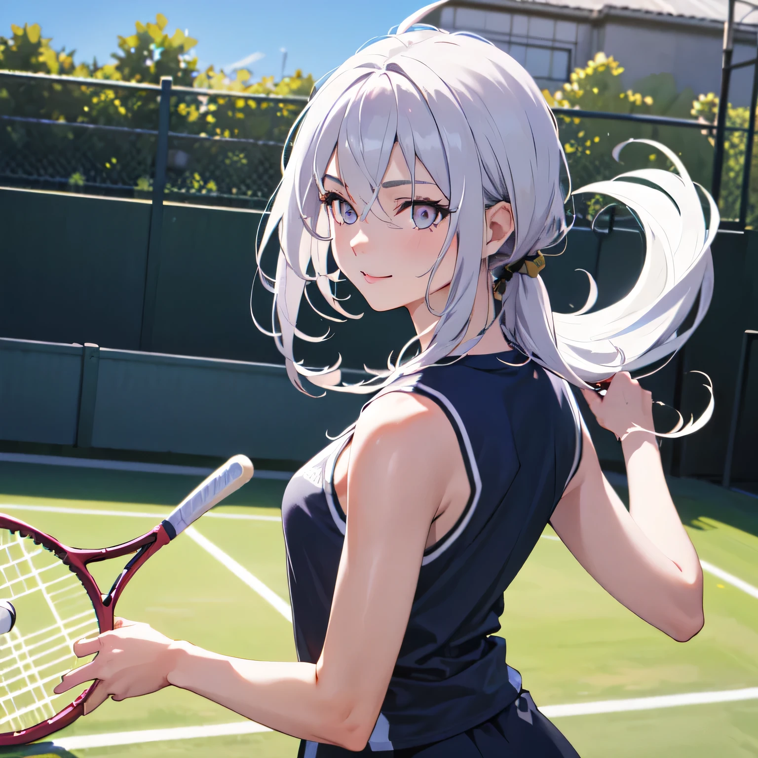A young female tennis player in a sleek blue outfit stands ready, gripping her racket with both hands in a poised stance. Sunlight accentuates the crisp lines of her attire and the polished strings of the racket. Her determined gaze locks onto an unseen opponent, exuding confidence and focus. The lush green grass of the tennis court stretches into the distance under a clear blue sky. This dynamic scene blends elegance, power, and athleticism, capturing her readiness to strike with precision and grace.A 20-year-old woman smiles gently, friendly. (RAW photos, top quality), (realistic, photo-realistic:1.4), masterpiece, extremely delicate and beautiful, highly detailed, 2k wallpaper, ultra-detailed CG unity 8k wallpaper, ultra detail, high res, soft light, beautifully detailed girl looking back, extremely detailed eyes and face, beautifully detailed nose, cinematic lighting, perfect anatomy, slender body. White hair, long hair, purple eyes.