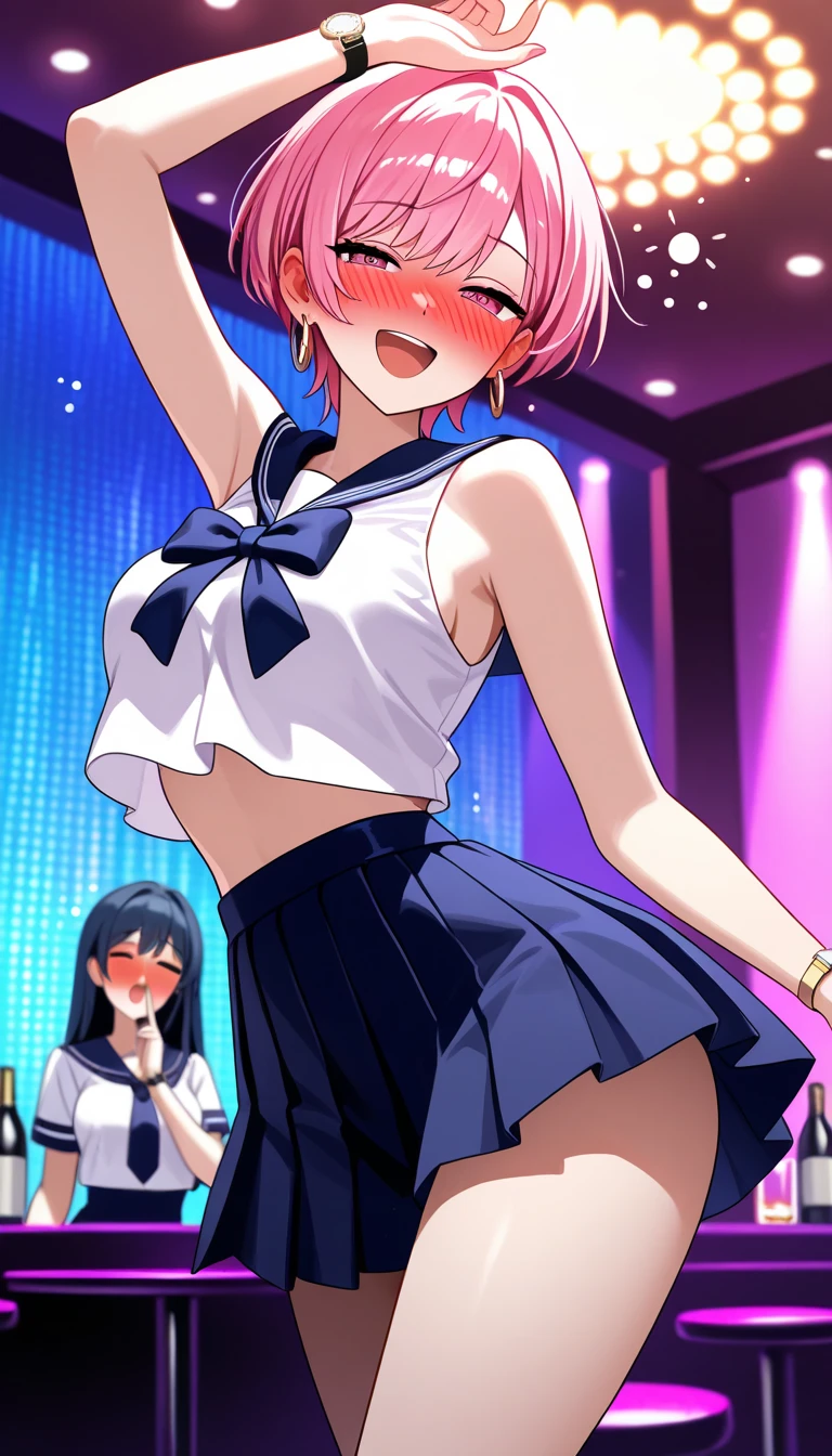score_9, score_8_up, score_7_up, BREAK, score_9, AthenaKOFXIV, happy, breasts, open mouth, smile, underwear, red hairband, hair ribbon, purple hair, red choker, serafuku, pearl (gemstone), short sleeves, red skirt, fingerless gloves,black thighhighs, cowboy shot, ass, from behind, concert, stage, stage lights,