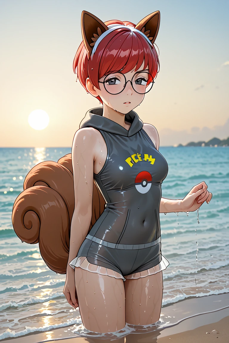 Pokemon Penny,Standing on a beach in a vulpix costume(humidity) breasts(wet)