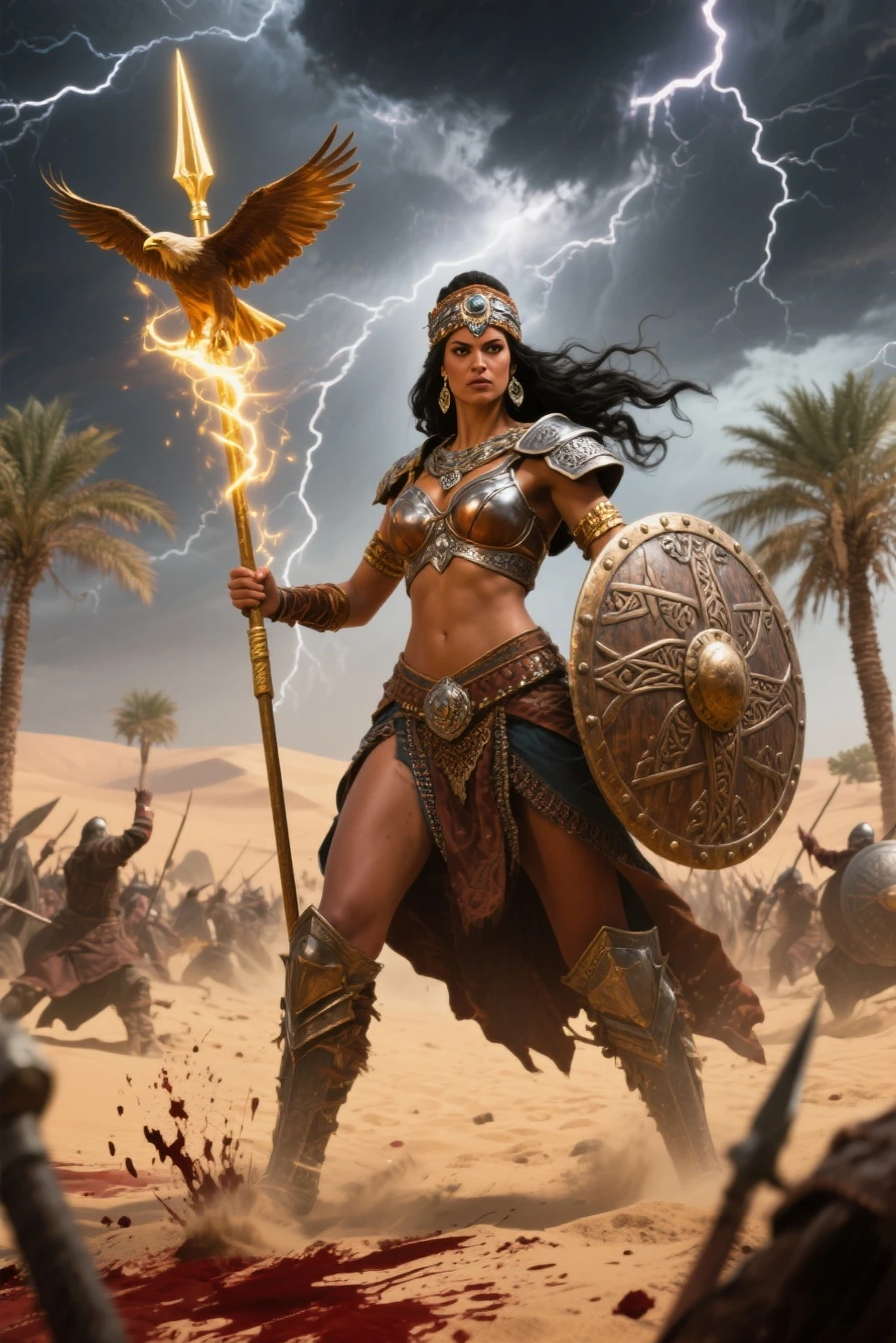Generate an epic image in which a Valkyrie, A powerful and brave Nordic warrior, Face a group of Mayan warriors in an epic battle. The Valkyrie is dressed in gleaming armor and wields a shining sword as she challenges Mayan warriors.. Mayan warriors are equipped with spears and shields, mostrando su habilidad y destreza en el combate. The battle scenario is set in a stunning setting, with ancient ruins and lush vegetation. The Valkyrie and the Mayan warriors are immersed in an intense struggle, with dynamic movements and expressions of determination on their faces. The image captures the emotion and tension of the confrontation between these two warrior cultures., Showcasing the fusion of mythologies and cultural diversity in a moment of action and heroism