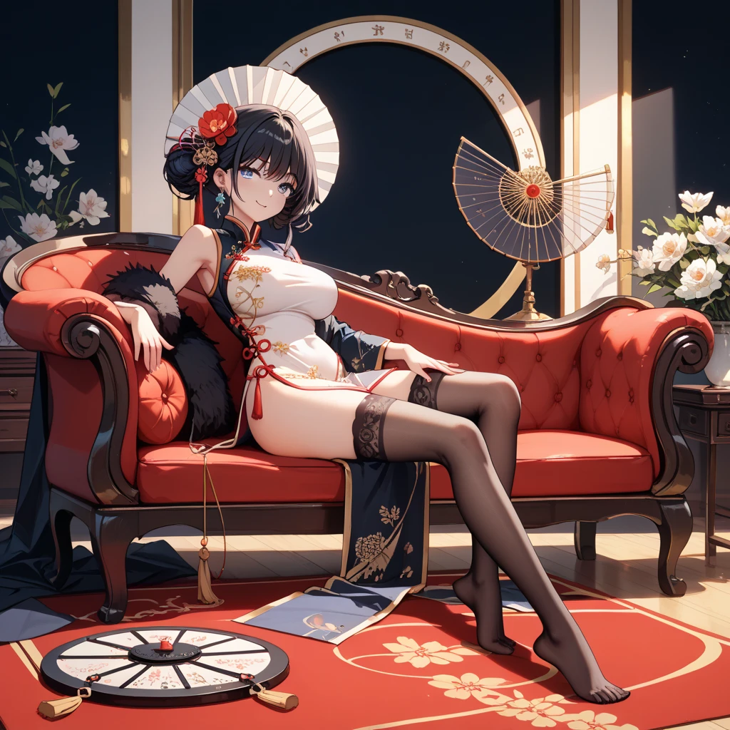 Sitting on an exquisite wicker chair, Her posture is lazy and seductive, One leg is raised gracefully, Showing off her slender legs in black stockings。She wore a tailored cheongsam, The tight design perfectly outlines her hot and sexy figure, Slim buttoned waist, Buttocks are round and raised, Breasts are plump and attractive。The high slit of the cheongsam makes her every move reveal endless charm.。, Her appearance is charming, The face is delicate, There is a hint of uninhibited temptation in his eyes。In her hand she holds an ancient folding fan, Shake gently from time to time, The fan is painted with exquisite patterns of flowers and birds, Perfectly complements her temperament。The red high heels added a touch of gorgeous color to her overall look.。, Personality-wise, Neo is passionate and lustful, every look in her eyes、Every movement is full of charming temptation, It seems to be sending a silent invitation to every customer who enters the custom shop.。With her elegant and charming words and actions, she, People can't resist her charm, She is the soul of this custom shop
