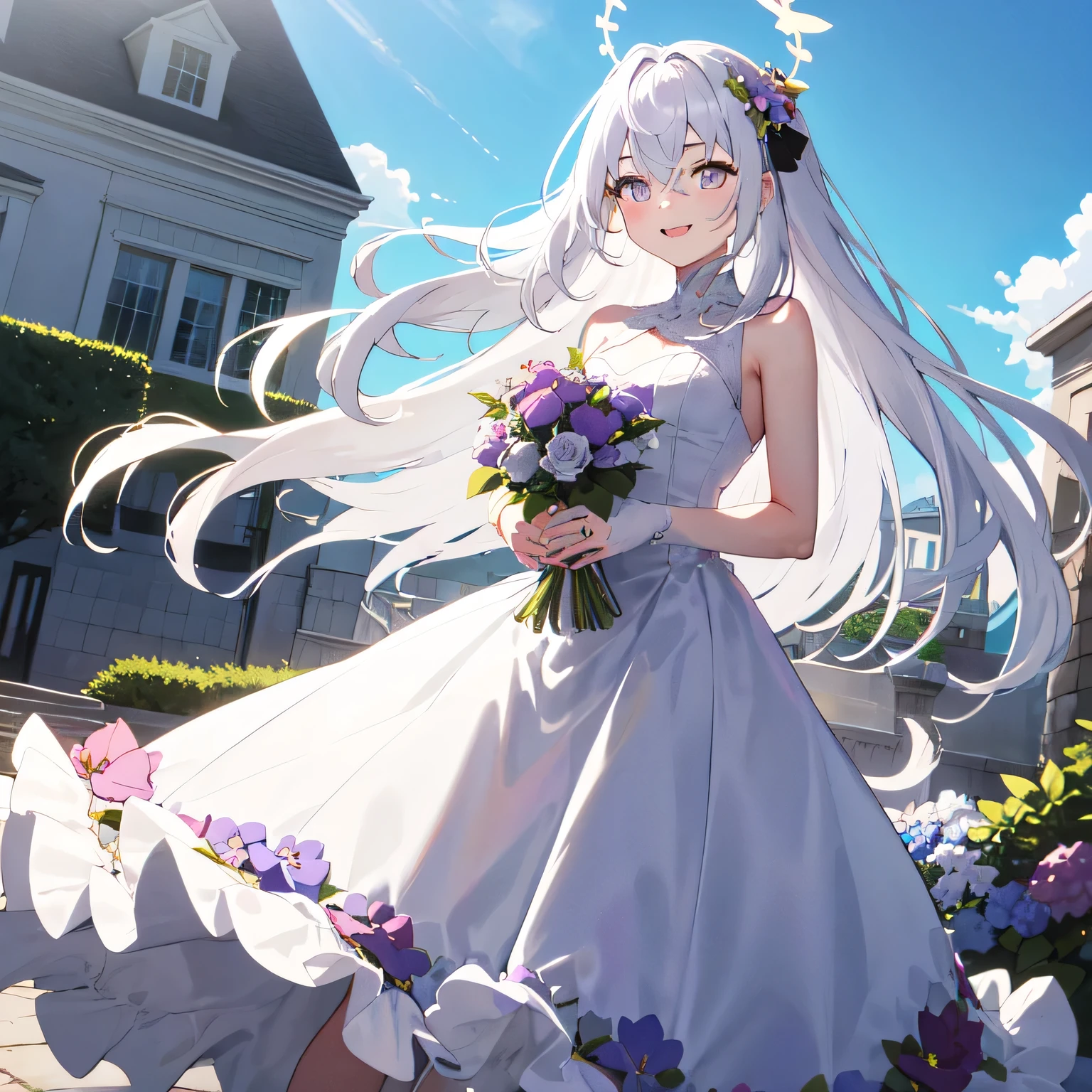 A breathtakingly beautiful 20-year-old woman stands in the courtyard of a luxurious mansion beneath a clear blue sky. She wears a white and blue wedding dress, holding a red bouquet gracefully in front of her chest. Her radiant smile and joyful expression exude pure happiness. White hair, long hair, purple eyes.