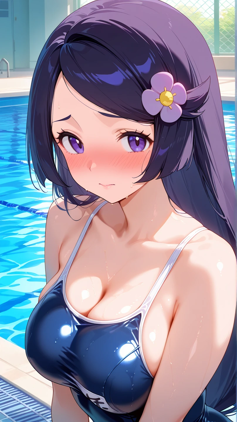 hokko tarumae \(umamusume\), masterpiece, best quality, ultra-detailed face, front, muscular, abs, upper body, white bikini, horse tail, pool, smile, detailed clear eyes, large tits, open mouth