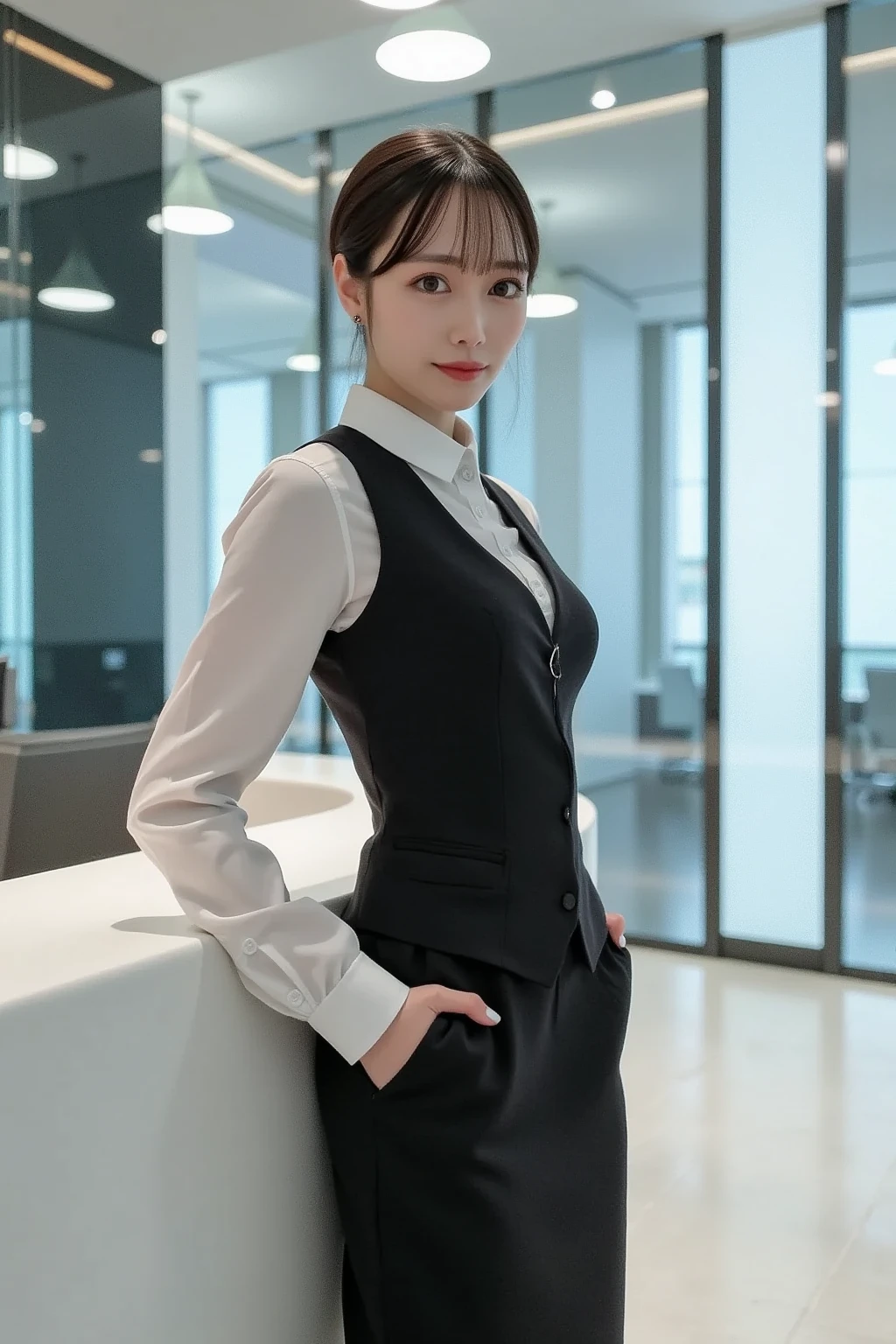 masutepiece, one beautiful women, 12year old,(japanes), (Fantasy Library Background), (White Business Shirt),(((Simple grey waistcoat with no frills)))(((Gray suit skirt))), (), Glasses, (medium breasts), , , Shorthair, , (Skin Texture:1.1), Best Quality, 超A high resolution, (Photorealistic: 1.4), Raw photo, , nikon d850 film stock photograph, F1.6 lens, Rich colors, Realistic, cinestill 800, Backlight, Rim lighting, Studio Lighting, Erotic Photography, Bend over the desk, from the rear,A dark-haired,