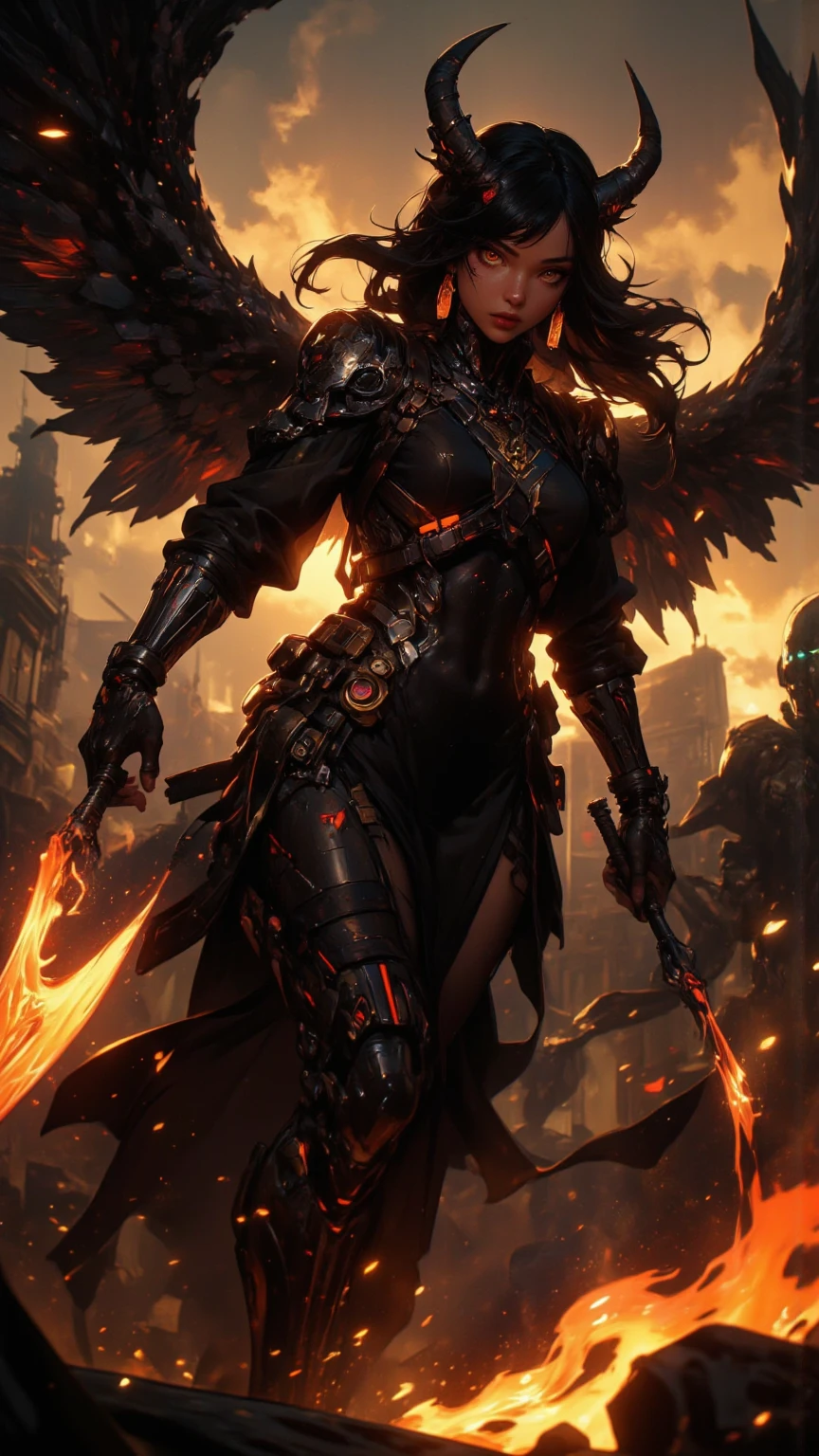 red evil fallen angel sexy with firewings in apocaliptic city in hell
