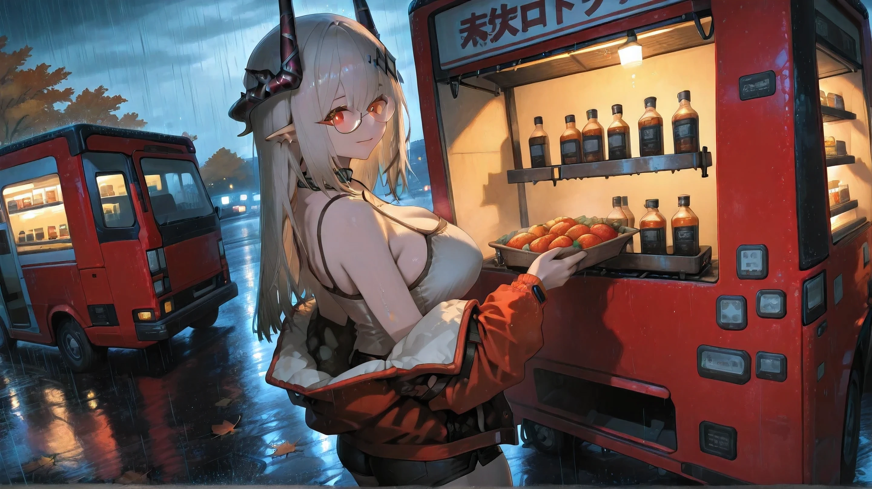 (NSFW:1.1), A Realistic image, extremely sharp focus, crisp details, high resolution, 4K, 8K. (correct anatomy and detailed hand). A wide angle shot, side view, a detailed, high quality rendering of Mudrock from Arknights. She wears beautiful, detailed round eyeglasses, she wears a camisole, varsity jacket and shorts. She has a beautiful big breasts. She has a beautiful face details, a beautiful detailed eyes and a real human skin, her expression is happy and she looks at the viewer. She's standing in front of a food truck. Rain, autumn, dramatic cold soft light casting soft natural shadows, cold and warm color pallete. the background has highest detail, detailed background and depth of field.