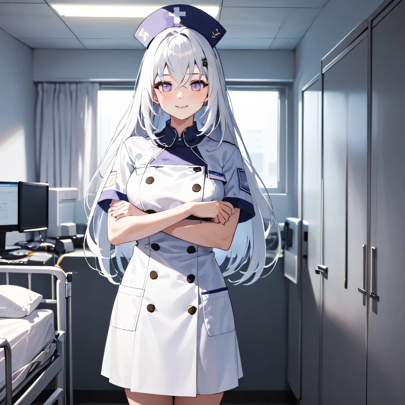 A breathtakingly beautiful 20-year-old woman stands in a warmly lit hospital room, dressed in a white mini-skirt nurse uniform with a matching cap. Her shy smile adds a touch of charm, while the surrounding medical equipment and furnishings create an authentic yet welcoming atmosphere.White hair, long hair, purple eyes.