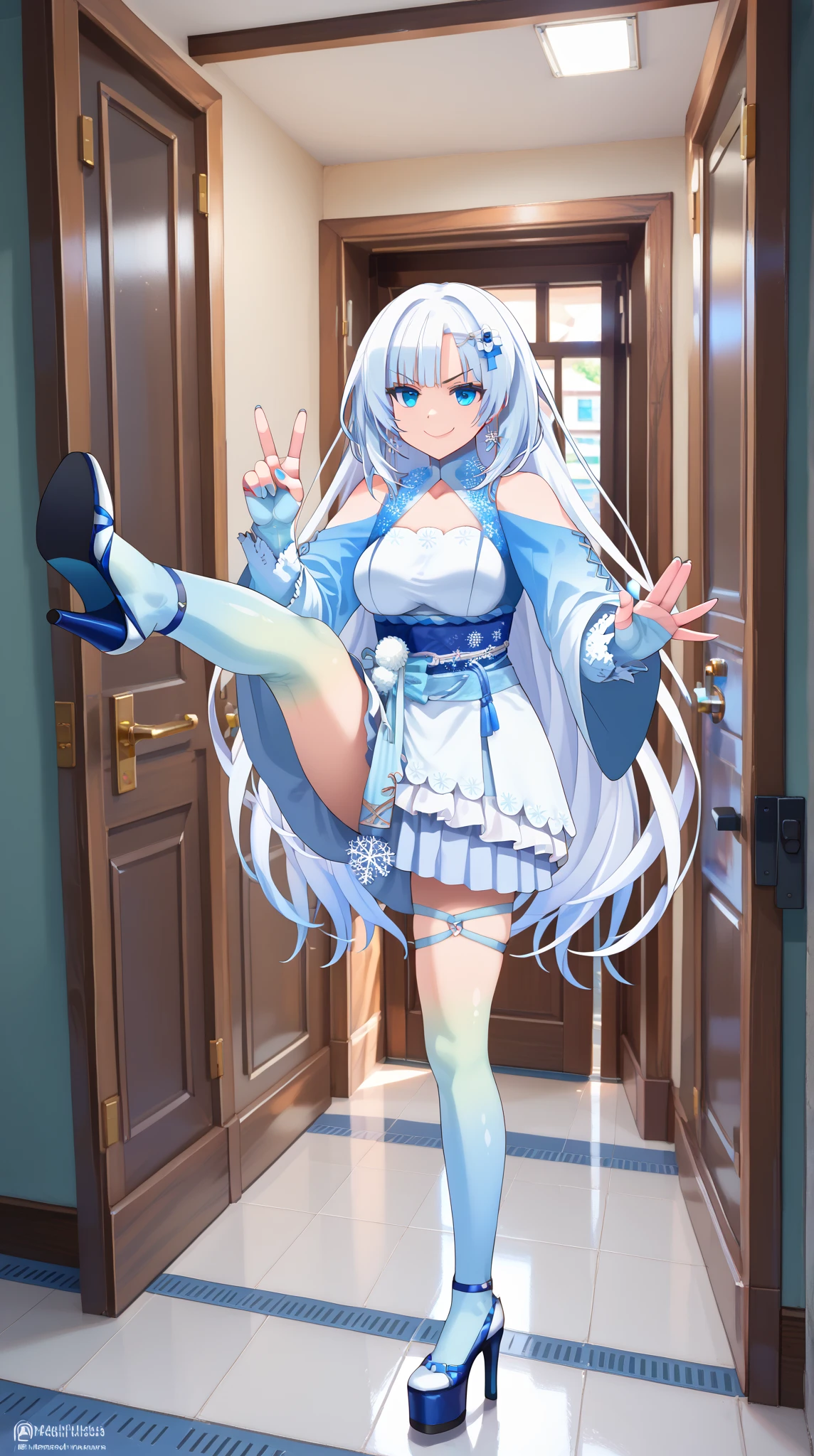(masterpiece, best quality:1.2), girl, solo, 1girl, bluejoucho, full body, blush, smile ,aroused, ahegao, grabbing breasts, grabbing own breasts, covered nipples,  standing,  <lora:IseikaiJoucho_NemophilaV1[bluejoucho]:1>  <lora:hypnoLora8-000012:1> hypnolora, empty eyes,