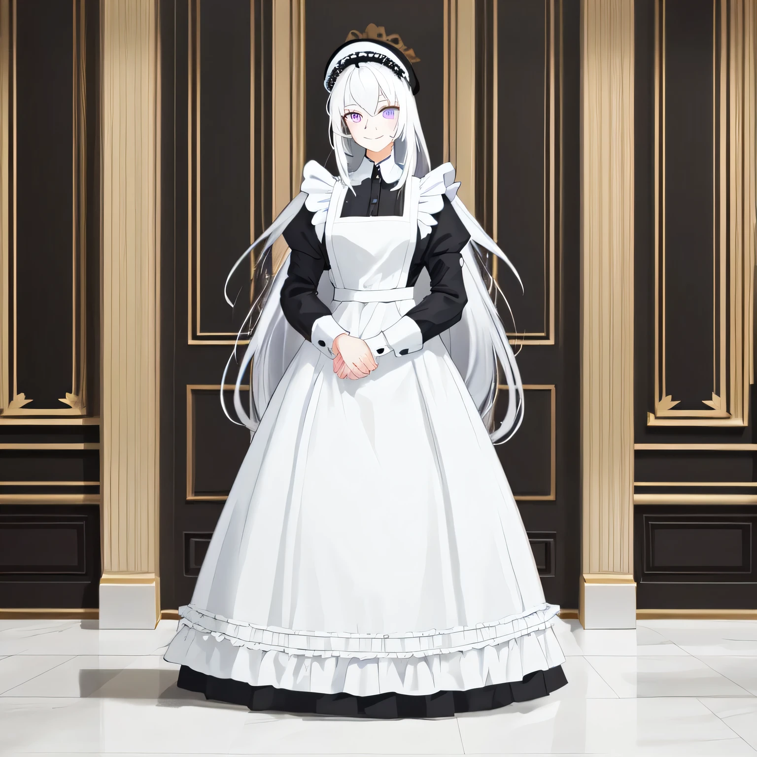 A breathtakingly beautiful 20-year-old woman stands in an opulent mansion room, dressed in a classic black-and-white maid outfit with a short hem and a white brim cap. Her confident smile radiates warmth. The room features elegant furnishings and decor befitting a grand estate, bathed in soft, natural lighting that enhances the sophisticated ambiance. White hair, long hair, purple eyes.