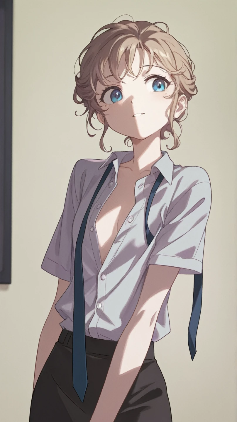 (Super Definition CG Unified 8k Wallpaper), (Masterpiece), (Best Quality), (Super Definition), (Best Illustration), Best Shadow, Ultra High Definition, (Photorealistic:1.4), 1 Girl, (((Extra Large Shirt, Buttoned Shirt, Open Shirt)), (Man's White Shirt), No Bra, Clean Clavicle, (Big), Small, (Short hair:1.2), Look at the viewer, Light smile, Upper body, Makeup, (((short hair with bangs, really snow-white nothing-background, really snow-white background, shiny skin))), pleated skirt, absolute area, sleeveless, ears out, neck long