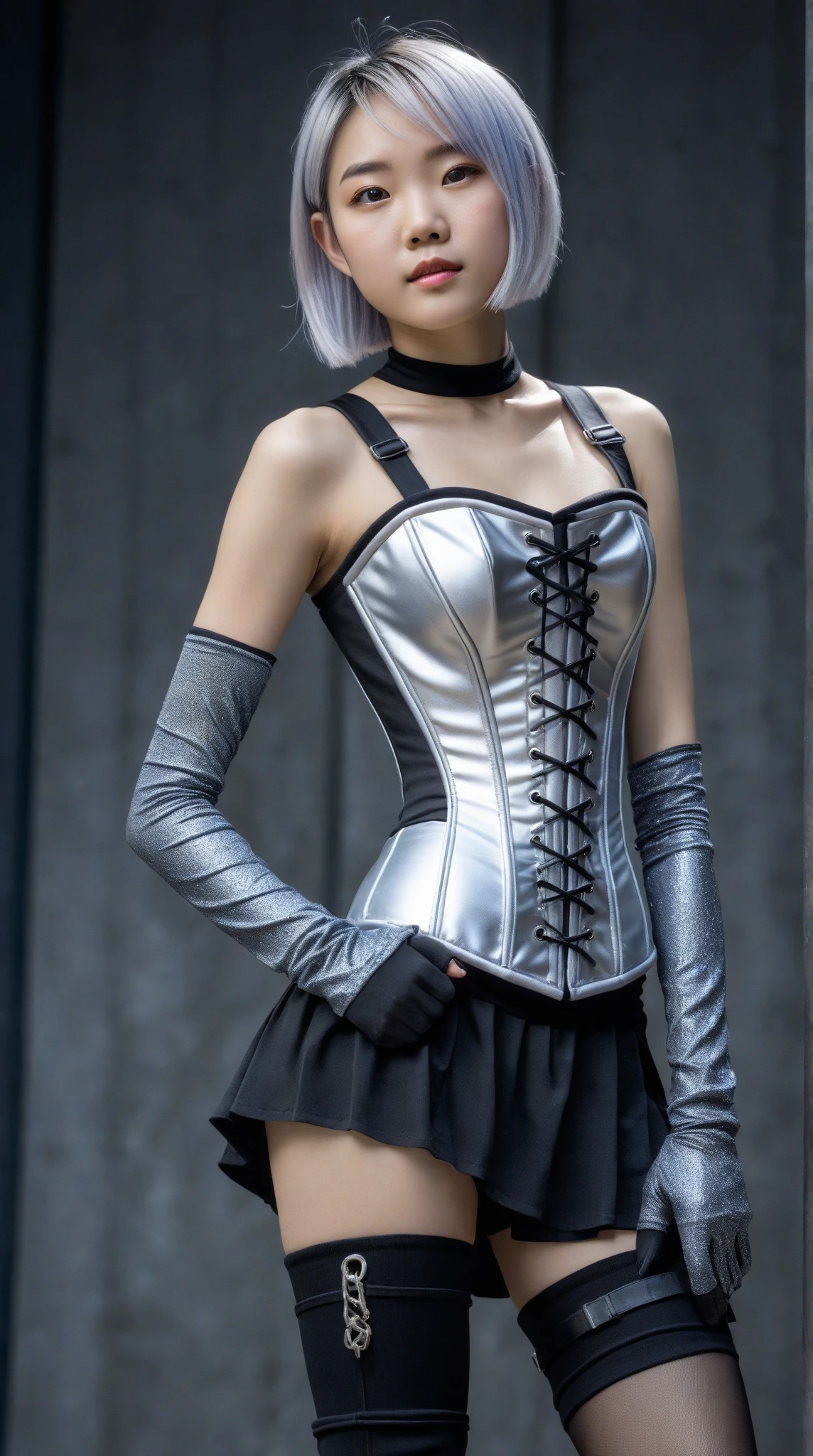 top quality, masterpiece, Ultra-high resolution, (Reality: 1.4), original photo, 1 cyberpunk girl, purple Hair, Smooth skin, 1.mechanical girl, Depth of field focus f/2.8, (Ultra-realistic details)), contrast, shadow, Octane Rendering, 64k, Extremely sharp, Cleavage exposed, Rawhide, Metal, Exquisite decorative details, Japan Details, Very intricate details, realistic light, CGSoation trends, face camera, Neon details, Mechanical limbs, blood vessels connected to tubes, A mechanical vertebrae attached to the back, Mechanical neck fixation device, Wires and cables to the head, Gundam, Small LED lights.