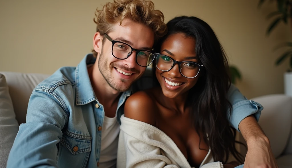 A beautiful white woman with stunning shiny silver hair and enchanting green eyes embraces her handsome black partner, a bald man wearing glasses and sporting a nice goatee. Both are posed together in an intimate moment, exuding genuine affection. Achieve hyper-realism with (romantic connection:1.5), (intimate pose:1.2), and [meticulously realistic fashion details]. Emphasize the tenderness between the couple, [capturing the essence of a deep and loving connection]. Negative prompts: [disconnected expressions], [overly stylized poses].