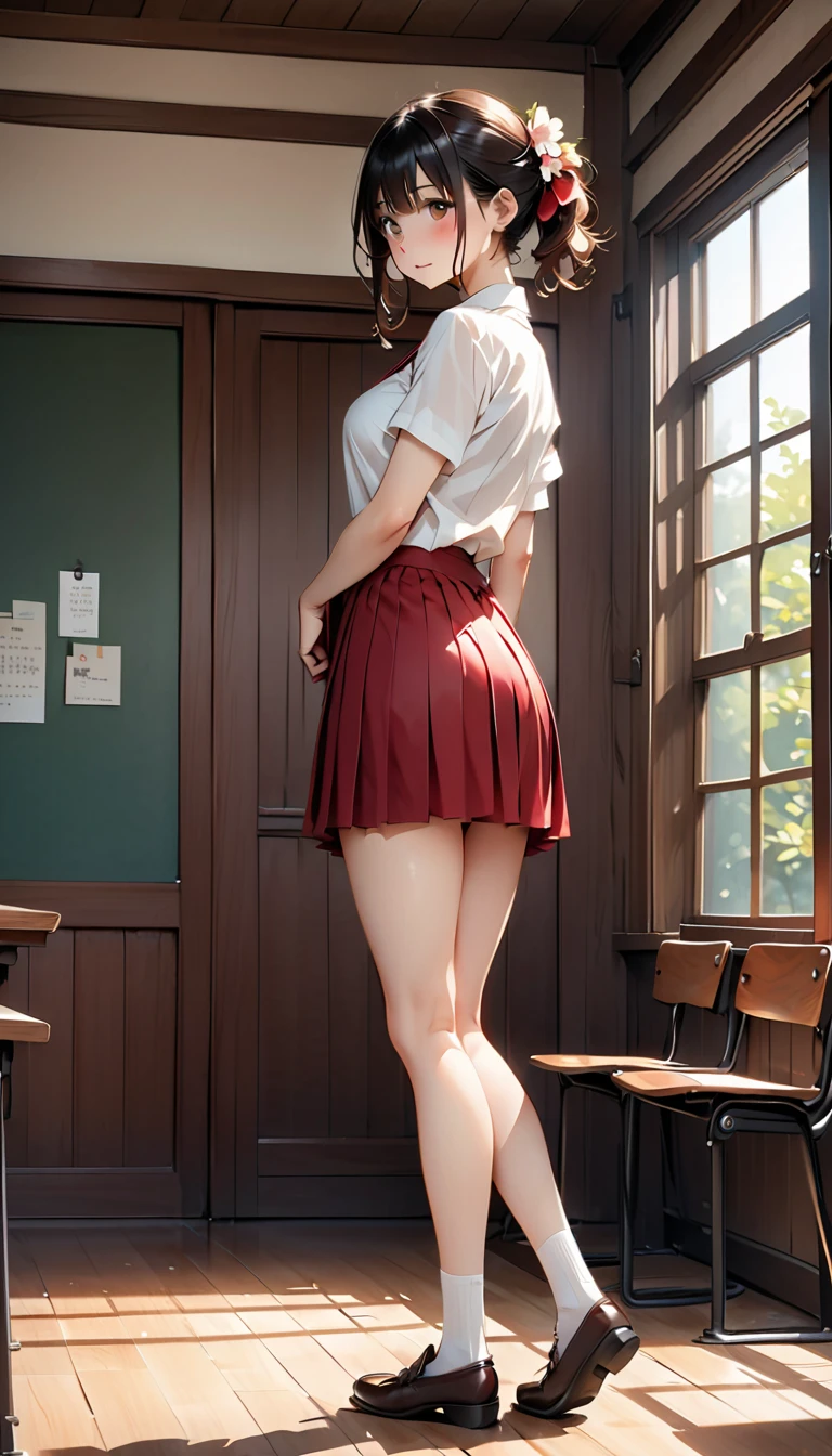 realisticlying、12 year old girl、、Sideways view、Portrait close up、Sideways view、Wearing a full-body giraffe print bodysuit with a giraffe tail on the buttocks、Long wavy black hair、The face smiled、Theater stage、sexly?(((Crouched, seen from behind, leaning on a table, hands in front, Chest glued to the table, Leaning forward, ass standing, Miniskirt, spreading legs,))) Cute Baby Chibi lolli ,(((chibi 3d))) (Best Quality) (Master Price)、(masutepiece:1.3), (punk fashion:1.5), (punk hair:1.2), (Lots of accessories:1.2), Kimono with geometric pattern, Looking at Viewer, 1girl in, Smile, ultra-realism, Photographic, Sunshine, Realistic lighting, (the school festival at the high school:1.5) (tchibi:1.7) 、jumping