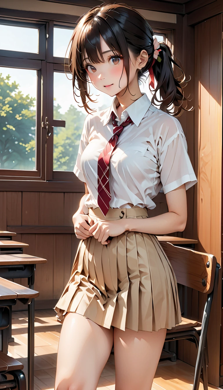 ((clothed:1.5,school uniform:1.5)),(from below:1.2),(Thin type:1.8),(big breasts),(random hairstyle),(Highest image quality,(8k),ultra-realistic,best quality, high quality, high definition, high quality texture,high detail,beautiful detailed,fine detailed,extremely detailed cg,detailed texture,a realistic representation of the face,masterpiece,Sense of presence)