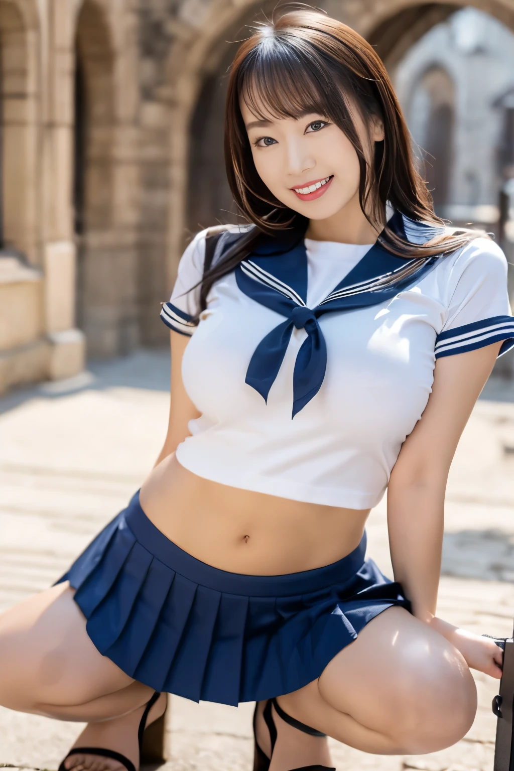 (16K, HDR, High resolution), ((((Full body photo,Raw photo, Hyperrealism, masterpiece, highest quality, ultra High resolution)))), (Pin Light, Backlight,Cinematic Light), ((((Japanese school girl uniform,Sailor suit,Skirt flipped up by strong wind,Jump energetically,Dynamic pose),Camel Toe,Panties digging into pussy))), (Hyper Detail, finely), 1 Korean Idol, (((Shooting from directly below,Panty shot,String-shaped panties,Angle to look into pussy:1.3))),Beautiful Goddess,Archaic Smile,A provocative smile,Small, plump lips, Straight and cute nose, A little redness on the cheekbones,Long and beautiful eyelashes, Narrow waist,Narrow waist,Perfect Style,Huge breasts,Very heavy chest,Big Ass