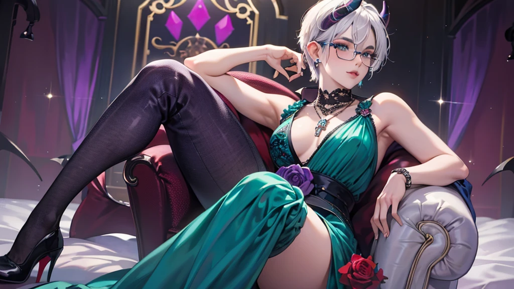 8k, masterpiece, best quality, highly detailed, 1 girl, tiefling, warlock, multicolored hair, very short straight hair green highlight hair on white hair, strippled hair, wearing glasses, round glasses, earrings, red eyeshadow, long eyelashes,navel piercing, blushed cheek, necklace, collarbone, mole, glamorous, purple and teal clothing, villainy, smirk, seductive face, close up view, rings, looking at viewer, demon horns, solo, chinese dress, ballroom, palace, blue pale moon, sitting, 