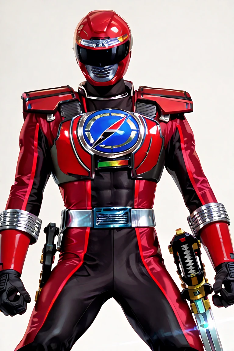 Fantasy background, (power rangers)), One guy、, ((red ranger suit)), red and blue chest armor with gold details, costume, Solo, ((fit figure)), (Anatomically correct), Cowboy shot, masked face, guns, muscular build