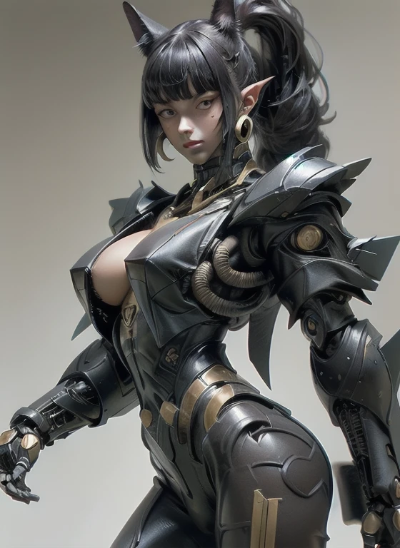 Super realistic, hyper realistic, super detailed, (cybersamurai, long hair, blue eyes, black hair, cleavage, upper body, horns, armor, blurry, clothing cutout, mask, blurry background, science fiction, mouth mask, cyborg, cyberpunk, katana on back, katana handle sticking out behind back:1.3) (glowing simple black background:1.25), masterpiece, best quality, wide-angle Hyperdetailed, masterpiece, best quality, 8k, natural lighting, soft lighting, sunlight, HDR (High Dynamic Range), Maximum Clarity And Sharpness, Multi-Layered Textures