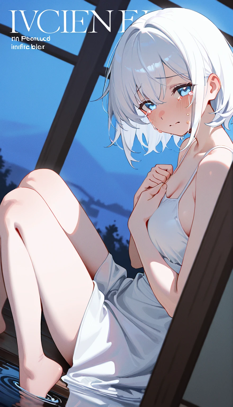 Looking over a fence, you see a girl with short white hair and flat chested with beautiful lips and glistening smooth midriff lying on a bench, naked. Beautiful woman, nude. Stretching, sweaty, sexy