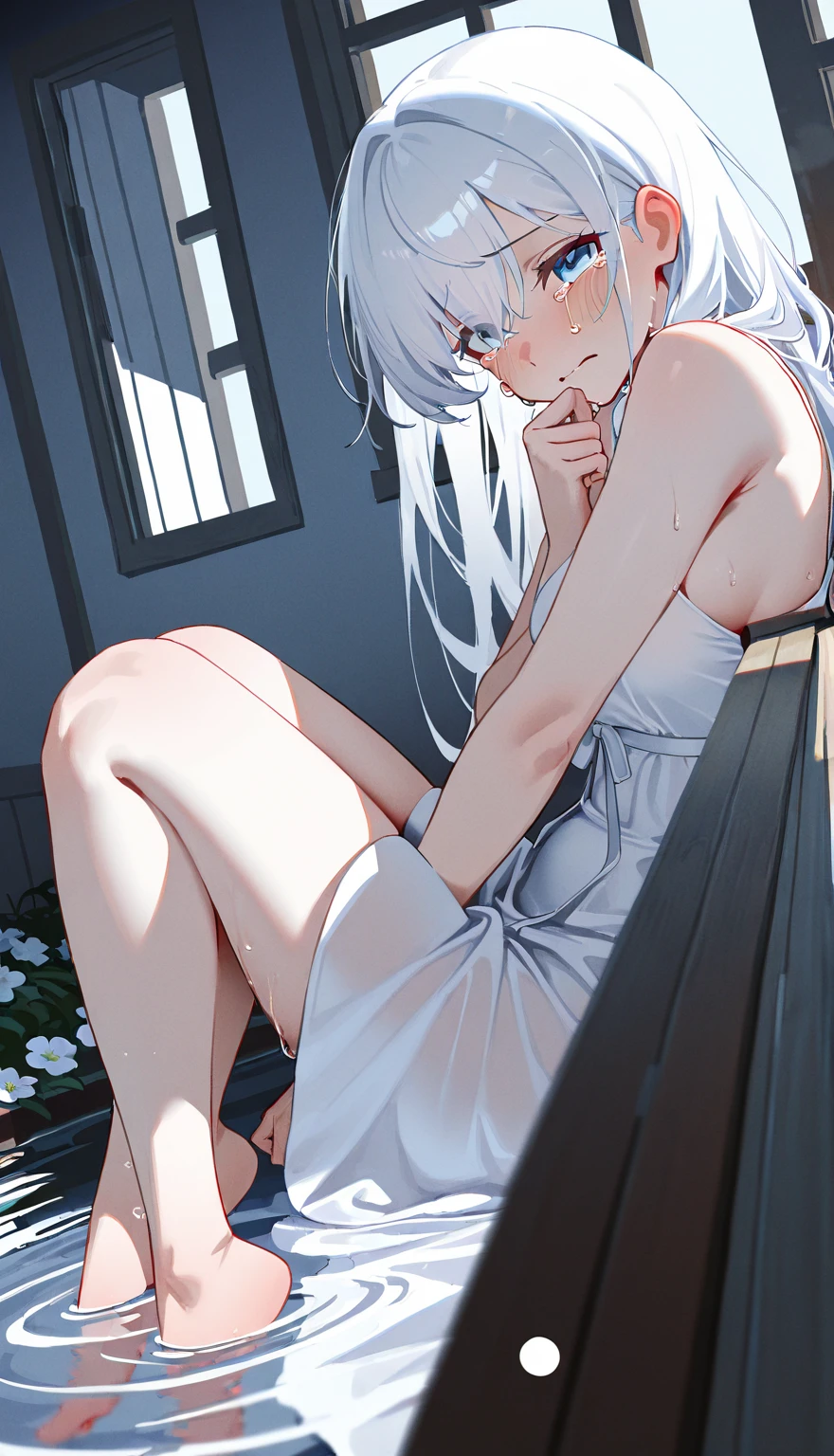 1girl,(Solo),fullbody,(barefoot),(foot focus),(light hair),Whiteeyes,(backboob),on stomach,(sideboob:1),masterpiece,best quality,very aesthetic,absurdres,(straight-on),