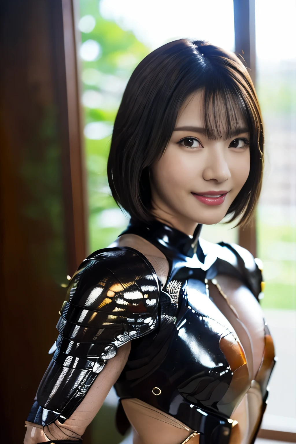 18-year-old、Textured skin, Super detailed, Attention to detail, high quality, 最high quality, High resolution, 1080p, hard disk, beautiful,(War Machine),beautifulサイボーグ女性,Dark Green Mecha Cyborg Girl,Battle Mode,Girl with a mechanical body,She is wearing a futuristic combat weapon mecha、Very short hair、Brown eyes、Sweaty、Cute Smile、head to feet、
