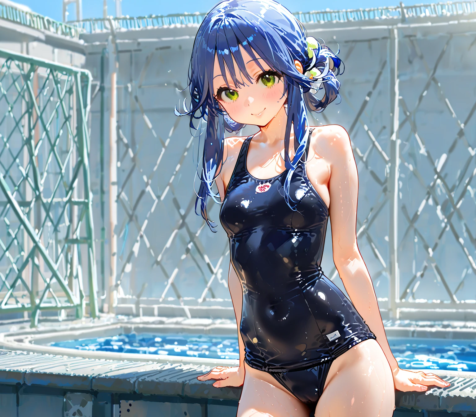 beautiful detailed eyes, short hair, blue hair, glowing skin, fashionable outfit, confident pose, peaceful atmosphere, vibrant colors, soft lighting, summer breeze, Yelan floating on top of water in the middle of the lake, water reflection, big lake landscape, ultra realistic, sunny day, cute, early twenties, blue uniform, middle of lake, lake stretching in the background,