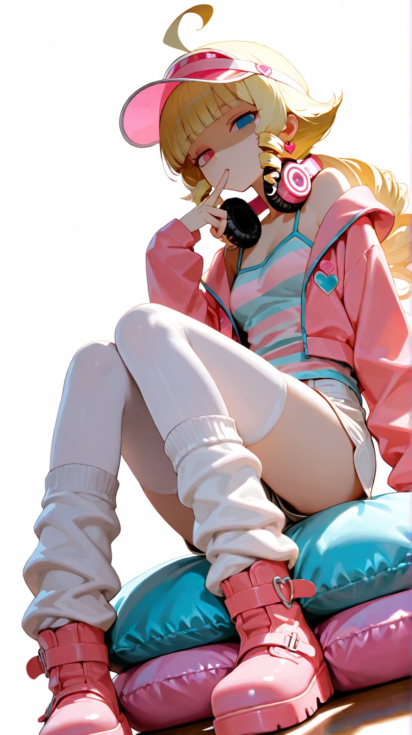 score_9, score_8_up, score_7_up, source_anime, 1girl, solo, tied crop top, boob window, cow pattern crop top, no bra, big tits, denim shorts, sitting, glazing lollipop, licking lollipop, apex legends, wattson, front view, looking at viewer