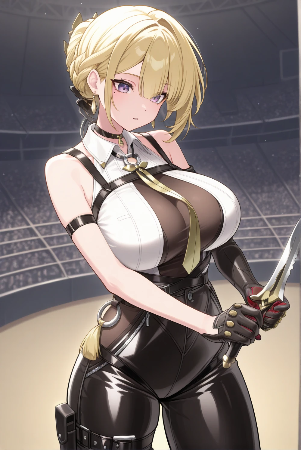 SFW (masterpiece, best quality, 32k) a youthful teenage girl with short blonde hair ((golden blonde hair, bangs, diagonal bangs, straight bangs, blunt bangs, bob, assymetric bob, inverted bob, long bangs)), ((brown eyes, pink eyes, ruby pink eyes)), ((beautiful face, sultry face, impish face, delicate features, sexy face)), pale skin, walking, standing, relaxed, fighting pose, fighting stance, arena, colosseum, gladiator arena, medieval colosseum, sky, clouds. Fantasy clothes, medieval fantasy clothes, brawler, fighter, striker, grappler, ((handwraps, wrapped knuckles, bandaged knuckles, bandaged fists, sleeveless top, black top, cleavage cutout, miniskirt, half-skirt, high-waist skirt, black skirt, red sash, thigh strap)), ((large breasts:1.3, first-rate breasts:1.3, round breasts:1.3, huge breasts:1, perky breasts:1.3)), ((slim:1.3, lithe:1.3, slender:1.3, thin:1.3, busty:1.2, buxom:1.2)), ((round hips, thin waist, waspish waist)), ((long legs, slender legs)), small smile ((full lips)), serene expression, calm expression, relaxed expression, open eyes, large eyes, expressive eyes, head to waist portrait, cinematics, color oil painting, cinematic lighting, ((extremely detailed face)), ((finely detailed face)), ((Extremely detailed eyes)), ((finely detailed eyes)), ((beautiful face)), ((beautiful eyes)), perfect lighting, depth of field, (realistic proportions), (good anatomy), ((solo:1.6)), ((1girl:1.6))