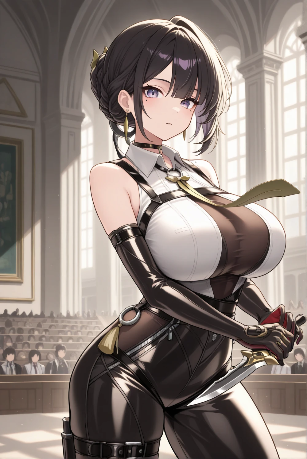 Super detailed illustrations、Super precise expression、masterpiece、highest quality、ultra high resolution、high resolution、(big breasts、Sweat、body fluid)、shiny skin、(black hair、long hair、Braid、glasses)、Bunny girl、Standing picture、Hands behind your hips、(heart hands,own hands together)