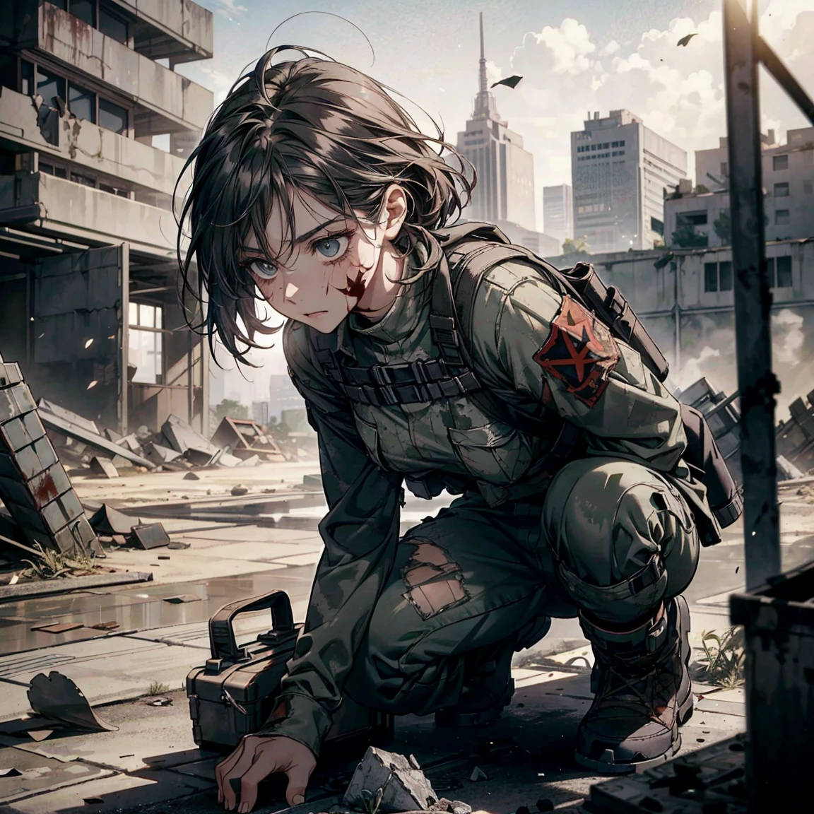 (masterpiece:1.2), (best quality:1.2), (extremely detailed:1.2), cowboy shot, 1girl, short hair, black hair, green military jacket, green pants, black infantry boots, backpack, sad, sitting on the ground,
(cloudy sky:1.2), (raining:1.2), mature female,
<lora:school_yard_v0.1:1>, school yard, field, tree, grass, (apocalypse:1.2), (ruined building:1.2), (debris:1.2)