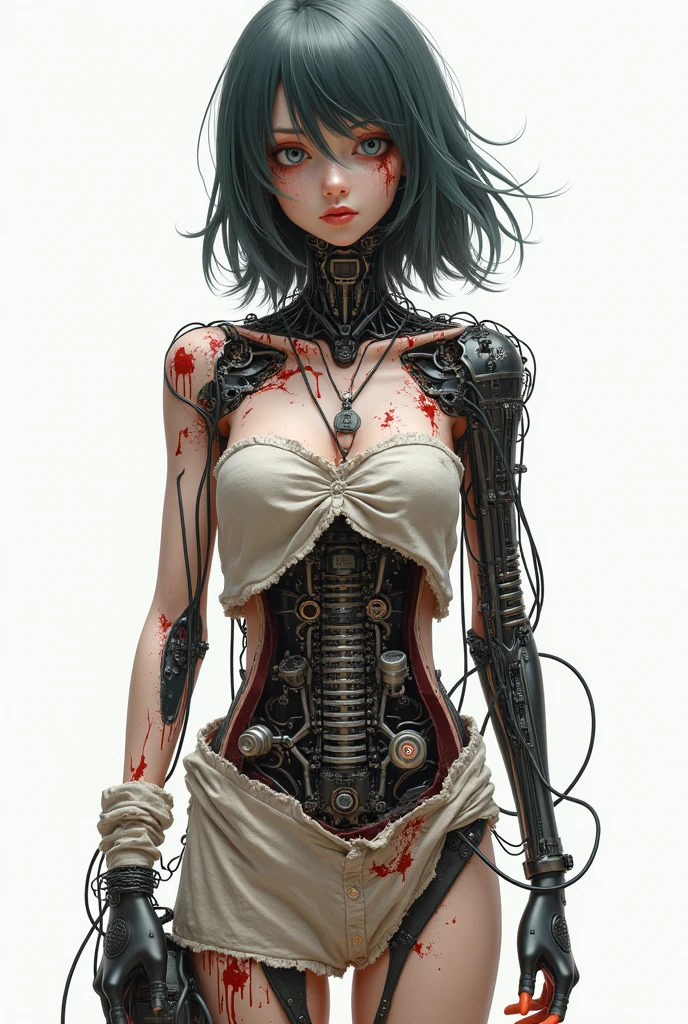 arafed woman in a white dress sitting on a motorcycle with a bloody face, porcelain cyborg, guweiz, broken beautiful female android!, cyberpunk horror style, rococo cyberpunk, inspired by Yanjun Cheng, melted cyborg, beutiful girl cyborg, [ trending on cgsociety ]!!, guweiz masterpiece, biomechanical oppai, cyborg girl