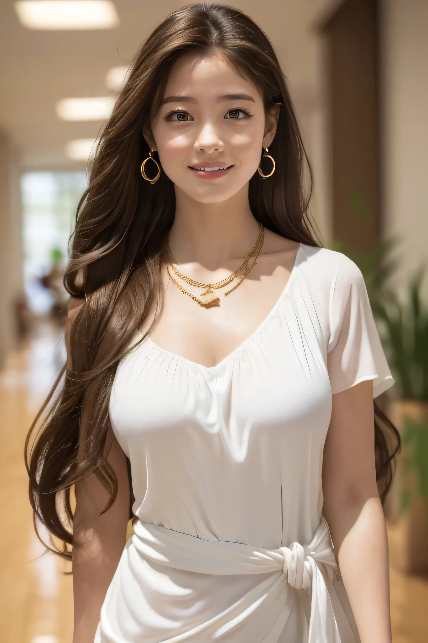 (masterpiece, Highest quality, Realistic, Very detailed, In detail, Ultra-high resolution, 8k wallpaper), Beautiful woman close-up, High school girls,Standing in the park,School designated summer uniform,Earrings, necklace, Laughing happily, Light brown messy long hair, Sharp focus, Large Breasts(1.7),Perfect dynamic composition, Beautiful big eyes, Detailed Hair, Detailed and realistic skin texture, Fashion magazine cover, Professional photography, ,xx mix_girl