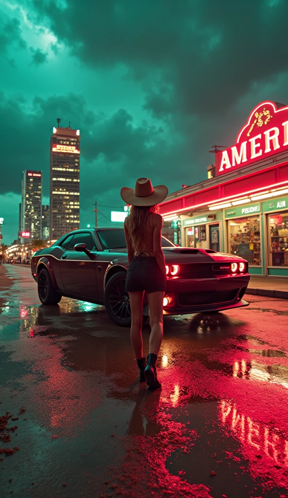 ((masterpiece, highest quality, Highest image quality, High resolution, photorealistic, Raw photo, 8K)), arafed view of a motel with a car parked in front of it, with neon signs, A woman waiting for a guest in front of a motel, seduction, short dress with exposed breasts and high heels, Open your legs and roll up your skirt, route 6 6, neon signs, 1 9 5 0 s americana tourism, some have neon signs, neon lights outside, neon advertisements, gigantic neon signs, neon shops, by Arnie Swekel, few neon signs, neon signs in background,