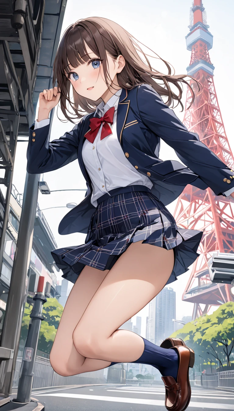 (Best Quality, masutepiece, Realistic, 16 K), ultra-detailliert, Ultra High Resolution, (Illustration), (Beautiful detailed eyes), (1girl in), (Solo), yazawa nico, Twin-tailed, Red Eyes, Black hair, Hair Bow, single sidelock, Looking at Viewer, Long sleeves, Bow, School uniform, Jacket, White shirt, Pleated skirt, Open your clothes, Striped, Collared shirt, Miniskirt, bowtie, Red bow, Open jacket, Blue skirt, put hands on the hip, Plaid, で, plaid skirts, Blazer, Cardigan, ;D, wing collar, Blue jacket, green bow, Striped bow, winter uniform, otonokizaka school uniform, striped bowtie, green bowtie, Pink cardigan, Smile, Open mouth, Cinematic lighting, (Blurry background:1.2),Naughty big、large full breasts、,(Skirt lift:1.3), (white panties:1.3)、(Skirt that rolls up:1.3)、(Fully exposed panties:1.5),(is standing:1.3)、