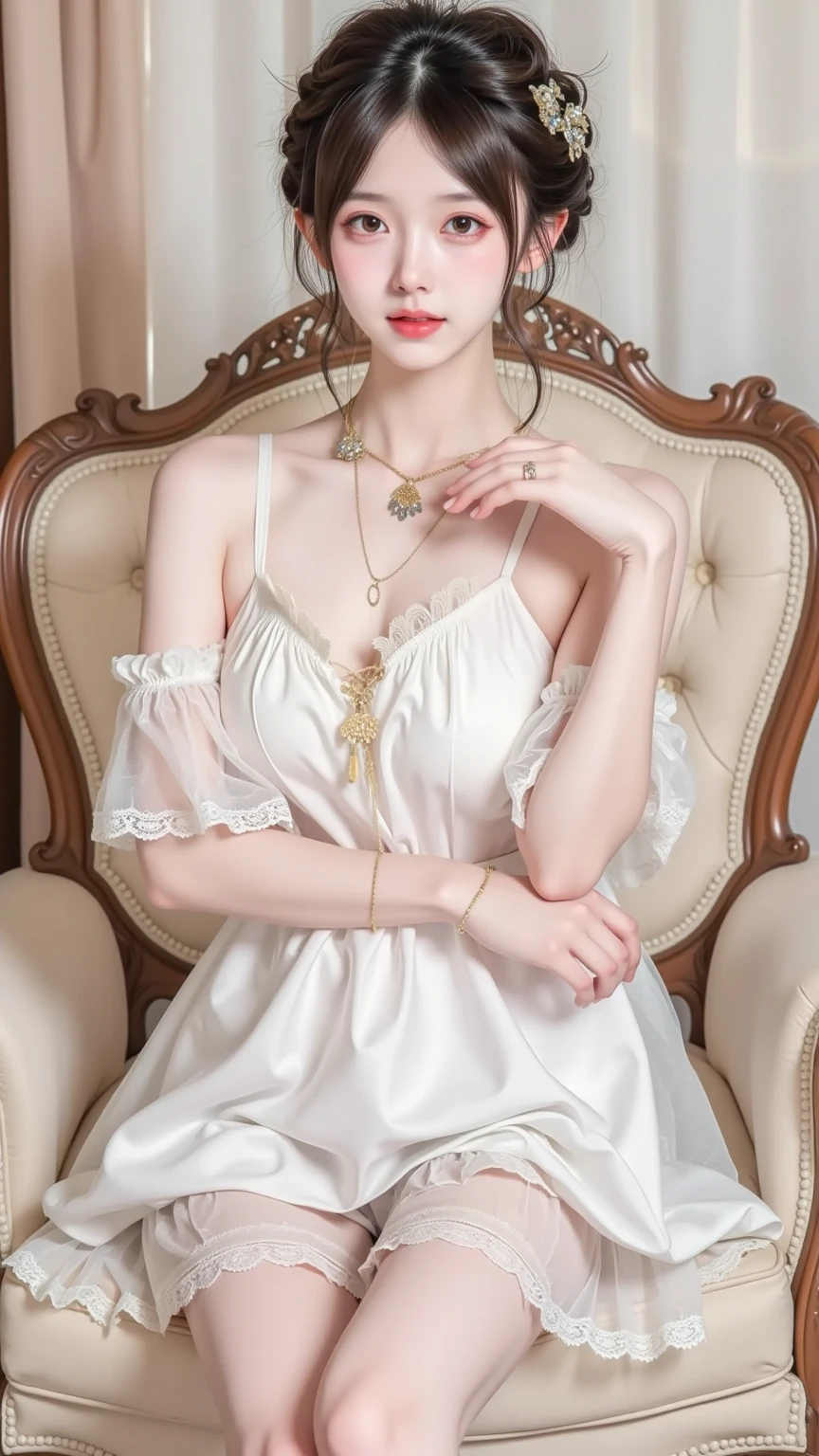 ((Masterpiece)), ((Best Quality)), 8K, HD, Super Detail, (Woman), (White dress studded with yellow gold rims), (Golden hair shawl scattered), (Expression closed eyes) (Sleeping in a bed 1.6) (Full Body Display 1.4) The artwork is a masterpiece, with the best quality and super detail, captured in 8K HD. Photographic realistic, realistic, very detailed illustrations realistic, octane rendering