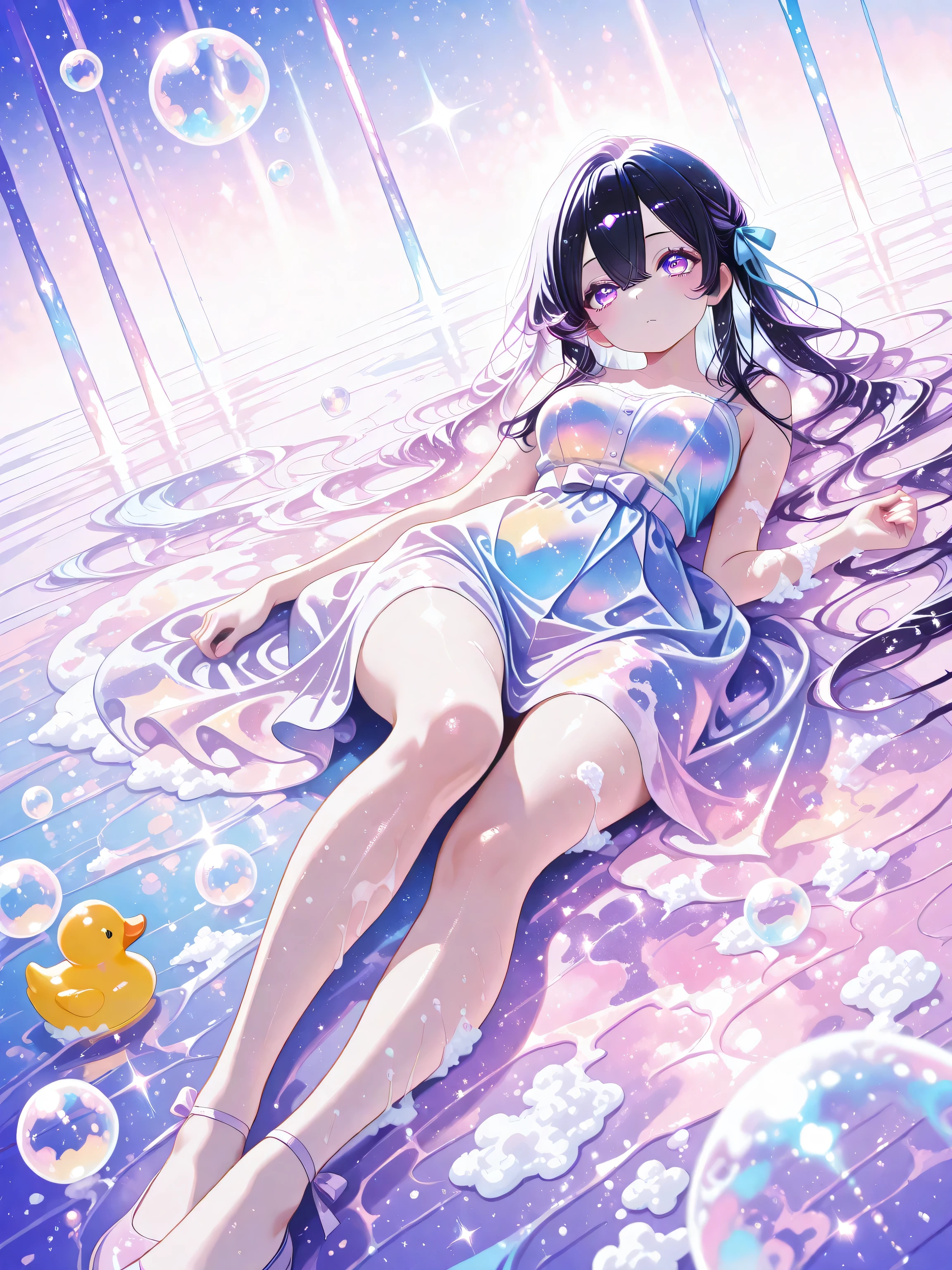 wide shot,full body,  1 woman, sharp purple eyes , multicolored eyes , hair between eyes , long side bangs , black hair with fine purple strands , very long hair , medium breasts , cool, beautiful,  very cute, lovely, kawaii, fluffy wavy hair,sundress,spread skirt,bare legs,long hair ribbon light blue ribbon((soap bubbles))(colorful soap bubbles)((lots of soap bubbles)) lots of soap bubbles))(light leaks)(sharp reflection light)soap bubbles in background,duck toys,glitter,sitting dynamic angle,((best quality)) ,water_aesthetic, watercolor, abstract background, white background, watercolor background, pastel_colors, lying on her back