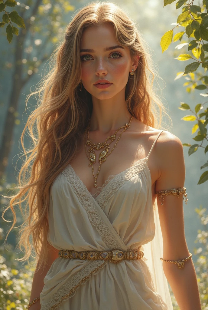 Beautiful girl with wavy long hair, bohemian dress, showing his pussy