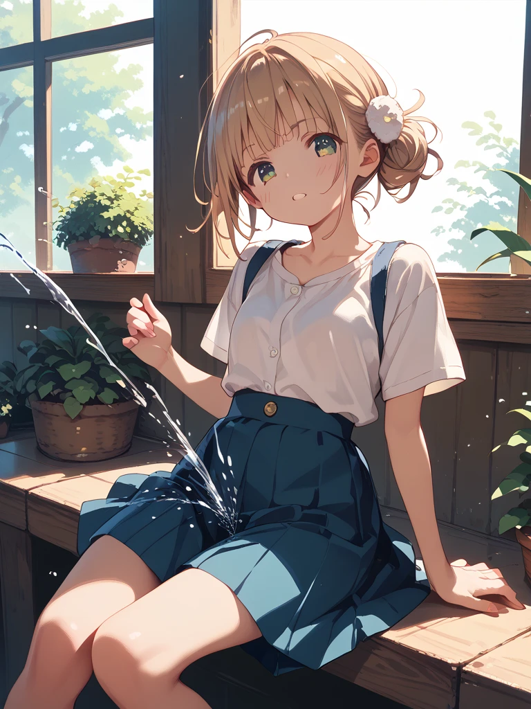Cornflower art, dreamy, (masterpiece, top quality, perfect anatomy, beautiful face, realistic, super detailed, 1 girl, 18 ears senile, solo, depth of field, canon 24mm lens, f1.4, cute_girl, sailor_ collar, clear facial features, short sleeves, small breasts, slender stature, height 170, barefoot, double ponytail, bangs, gravure pose, outdoor, jungle, Blurred background, (Uwabaki: 1.1576)) all over body, clear liquid dripping from the crotch, the front of the shirt is exposed, the breasts are visible, transparent bra, light blue striped buns, erotic,, nrfw,