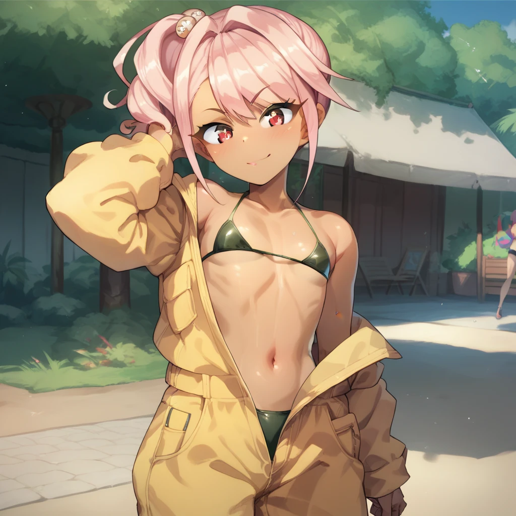 score_9, score_8_up, score_7_up, source_anime,
okitasouji, <lora:okita-souji-ponyxl-lora-nochekaiser:1>,
okita souji, ahoge, pink hair, hair between eyes, hair bow, short hair, yellow eyes,
asymmetrical sleeves, bikini, black bikini, black scarf, black sleeves, detached sleeves, multi-strapped bikini, navel, scarf, swimsuit, uneven sleeves,
outdoors, beach, smile,
looking at viewer, dutch angle, cowboy shot,