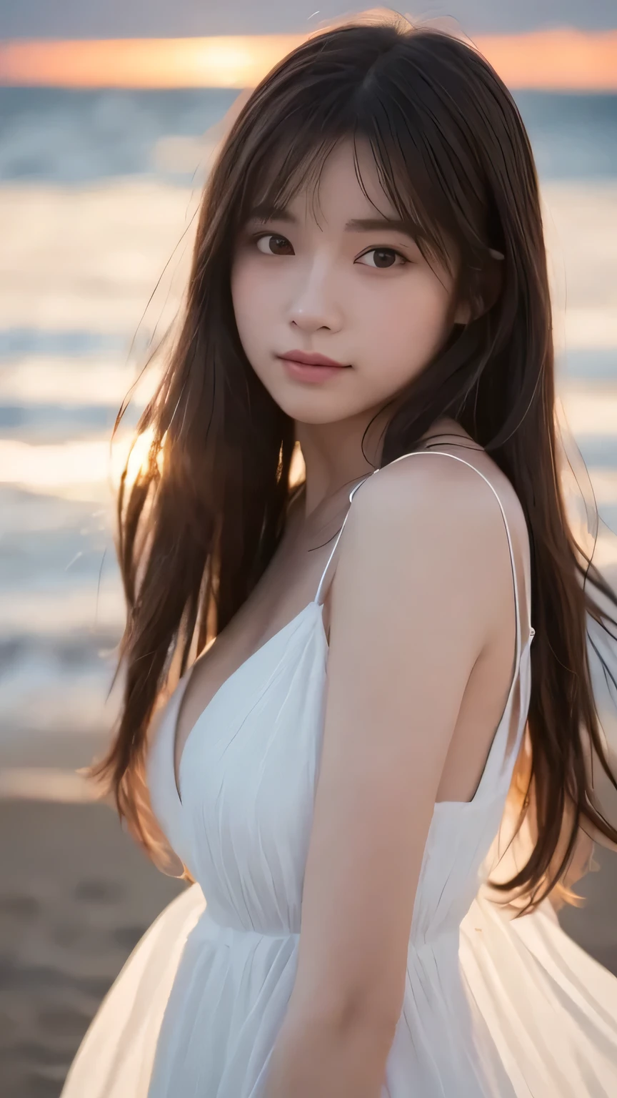 sunset beach, golden hour lighting, cinematic atmosphere, portrait photo of a beautiful woman with long hair, soft breeze, natural expression, looking at camera, wearing a flowing white dress, 
Full body,  front, symmetrical, warm tones, soft focus
