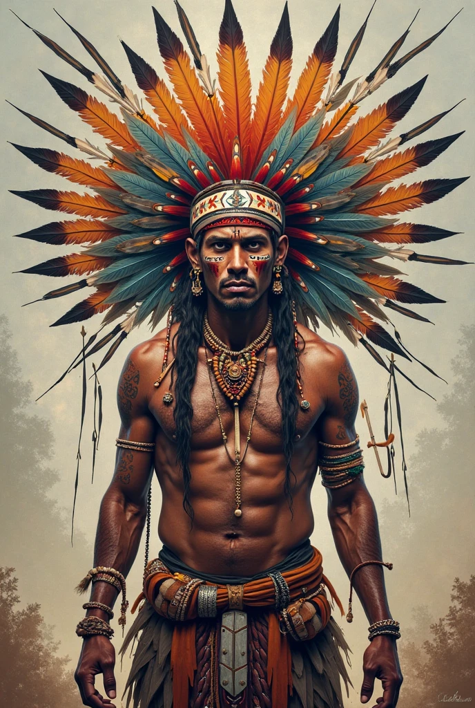 INDIAN WITH A PLUSH ON HIS HEAD, A JAGUAR PAINTED ON HIS RIGHT SHOULDER WITH ITS MOUTH CLOSED AND THE JAGUAR WITH ITS HEAD IN THE SAME PROPORTION OF THE INDIAN LOOKING FORWARD FOR 3D PRINTING