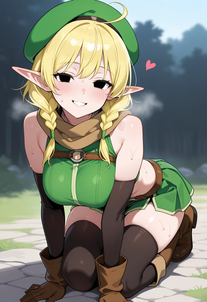 1girl,((blonde woman)), ((ponnytail hair)), (Elf's ears), A girl, (Green eyes),full pink latex body,mini green transparent jacket
