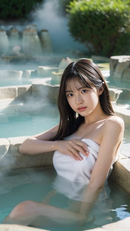 最high quality、high quality、Best image quality、8K、最High resolution、High resolution、最high quality、masterpiece、Detailed and realistic human body、Detailed and realistic skin、Realistic face in every detail、Realistic reproduction of every detail、Detailed and realistic lips、Detailed and realistic teeth、Detailed and realistic ears、Detailed and realistic hair、Detailed and realistic weapons、Realistic reproduction of every detail、Realistic fingers in every detail、(Beautiful Hands、thumb1reference4)、Realistic feet down to the last detail、((Beautiful Japanese Girl))、(Japanese Model), (Japanese women)、((18 year old beautiful girl))、(Black Hair)、(Random hairstyle)、((whole body))、((Beautiful upward-facing breasts))、(Slim and perfect figure)、(whole body光沢肌、Fair skin)、((A white towel is wrapped around the body))、((Thin towel(Her skin is visible through the wet towel))、(Soft natural light)、((Deep in the forest(Natural hot springs gush out))、((Hot springs surrounded by rocks))、((deep bathtub(deep hot spring))、((Onsen Girls))、((Enter the hot spring))、((A woman warming herself in a hot spring))、((Relax in the hot springs))、((Immerse in water(Girl flying underwater))、((Immerse in water(Girl floating on water))、((A lot of steam rises from the hot spring.....))、((Extremely clear hot spring water))、((The main body seen from the water surface))